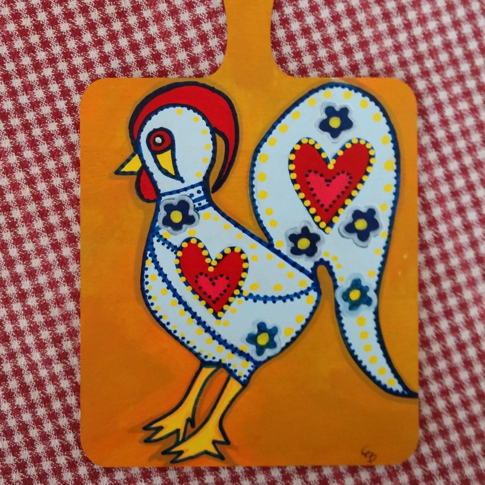 Portuguese Rooster Of Barcelos Painting On Mini Cutting Board Blue Left Facing